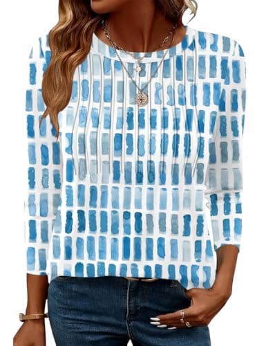 Image of Kistore Womens Summer Tops Ladies 3/4 Sleeve Blouses Casual Round Neck Pleated Tunic Shirts Fashion Floral Printed Loose T-Shirts L