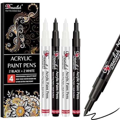 Image of Drawlish Acrylic Paint Pens, Black & White Pen Set of 4 Glass Paint Markers 0.7mm Extra Fine Tip | Ideal for Wood, Fabric, Porcelain, Ceramic, Stone, Rock Painting and more