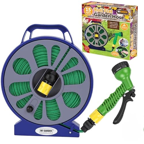 Image of My Garden Hose Pipe 50ft/15m – Flat Hose Pipe on Reel with 7 Functions Spray Nozzle, Stand & Handle – Garden Hose Reel with 3/4",1/2" Tap Adaptor – Compact Water Hose for Gardening, Patio Cleaning