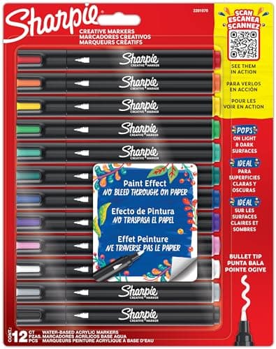 Image of Sharpie Creative Marker Acrylic Paint Pens | Water-Based Paint Markers | No-Bleed Ink Writes on Most Surfaces | Bullet Tip | Crafting & Art Supplies | Assorted Colours | 12 Count