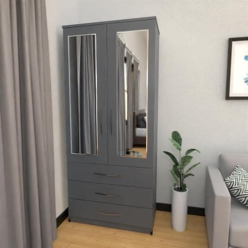 Image of Modern Assembled Wardrobe, 78 cm Wide, 2 Mirrored Doors, 3 Drawers, White (Grey)