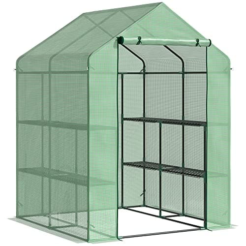 Image of Outsunny Walk-in Small Greenhouse with Shelves, Outdoor Green House Grow House with Waterproof PE Cover and Roll-up Door, 143x143x195cm, Green