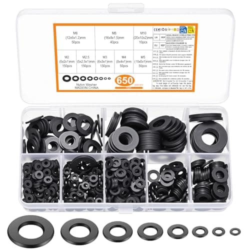 Image of 650 Pcs Nylon Washers, Black Flat Plastic Spacers Washers, Assorted Round Tap Seals Gaskets Rings Washer for Plumbing, Screws Bolts, 5-20mm, M2/M2.5/M3/M4/M5/M6/M8/M10