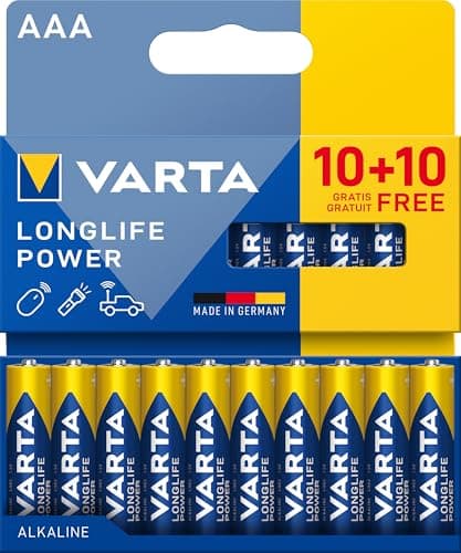 Image of VARTA Batteries AAA Pack of 20, Longlife Power, Alkaline, 1.5 V, Ideal for Toys, Wireless Mouse, Torches, Plastic-Free Packaging, Made in Germany