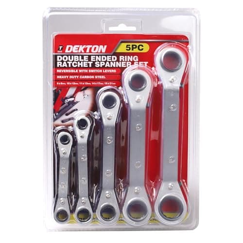 Image of DEKTON 5pc Ring Ratchet Spanner Set -Fully Heat Treated Offset Ratchet Spanners|Easy Reversible Action| Body A3 Steel|Gear 45 Steel Heat Treatment|Body No Hardness|Gear Hardness 42 Degrees