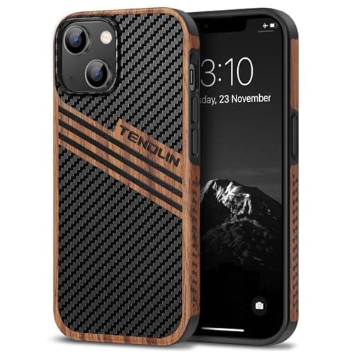 Image of TENDLIN Compatible with iPhone 14 Plus Case Wood Grain with Carbon Fiber Texture Design Leather Hybrid Slim Case (Three Stripe)