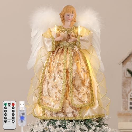 Image of Lewondr Christmas Tree Topper Angel, 12'' Light Up Angel Tree Topper with Wings and Candle Light, 8 Modes and 6 Hrs Timer USB and Remote Operated Sequinned Christmas Decor for Holiday Home Decor, Gold