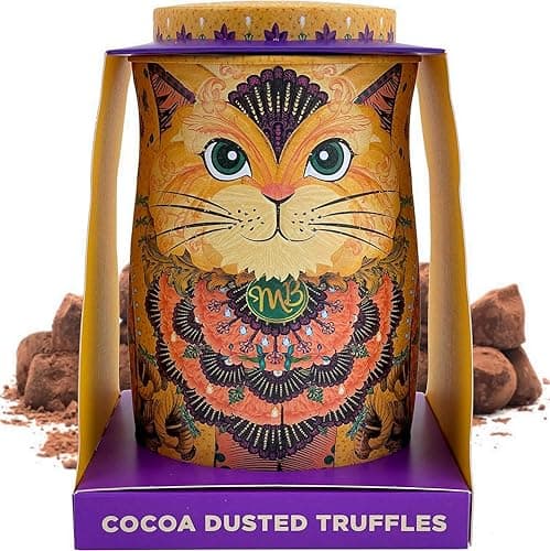 Image of Monty Bojangles Cocoa Dusted Chocolate Truffles Cat Tin (Savanna Gold-135g) Flutter Scotch Flavoured Luxury Chocolatey Truffles - Collectable Cat Tin, Truffles Chocolate Gift Box With Bespoke Design