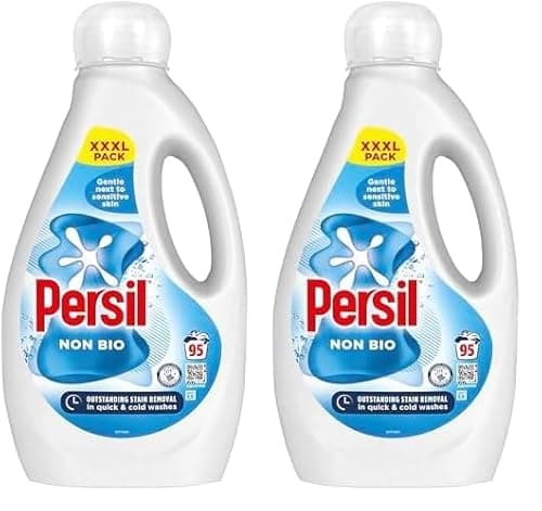 Image of Persil Non Bio Laundry Washing Liquid Detergent outstanding stain removal in quick & cold washes tough on stains, gentle next to sensitive skin 95 washes (2.565 L) (Pack of 2)