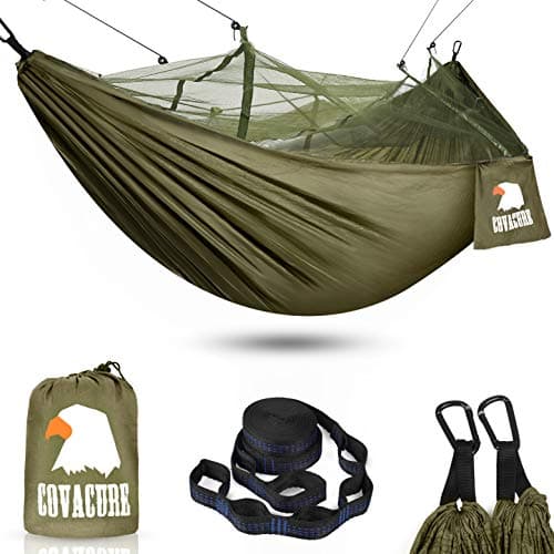 Image of COVACURE Camping Hammock with Mosquito Net, Ultralight 210T Parachute Nylon with Two 10FT Tree Straps for Outdoor Camping Accessories
