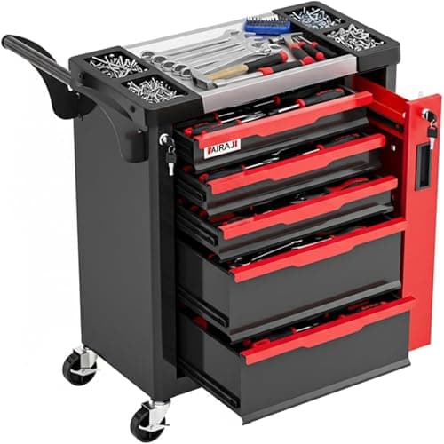 Image of AIRAJ 5-Drawers Tool Chest, Lockable Tool Box on Wheels,Tool Cart with Hidden Side Cabinet, Heavy-Duty Metal Tool Cabinet, for Garages, Workshops, Warehouses,Red and Black.