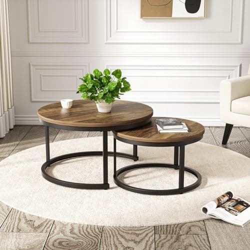Image of Hawthyhome Coffee Tables, Round Nesting Tables Tet of 2, Modern Side Tables with Metal Frame, Industrial Stacking End Tables for Living Room Bedroom Office, 60 * 60 * 45cm, Brown