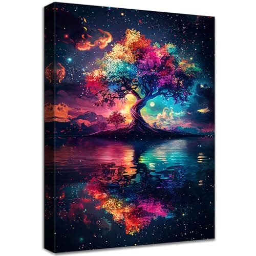 Image of Wooden Framed Canvas Wall Art Colorful Tree of Life Canvas Print Abstract Blue Red Starry Night Scene Picture Painting Poster Home Office Corridor Living Room Bathroom Bedroom Wall Decor 30x40cm