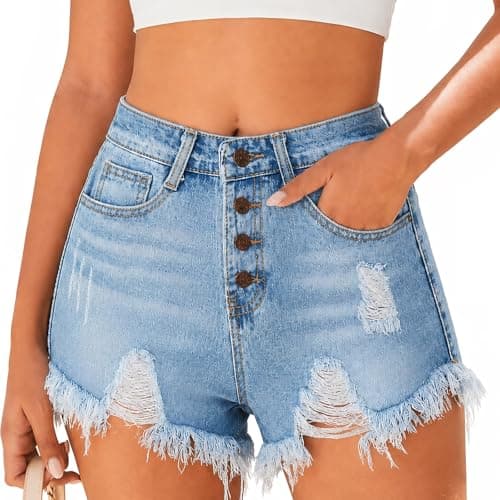 Image of NWDEY Women’s Denim Shorts High Waisted Ripped Jean Shorts Stretchy Distressed Hot Pants for Ladies Summer Casual Wear (UK, Alpha, L, Regular, Regular, Light Blue)