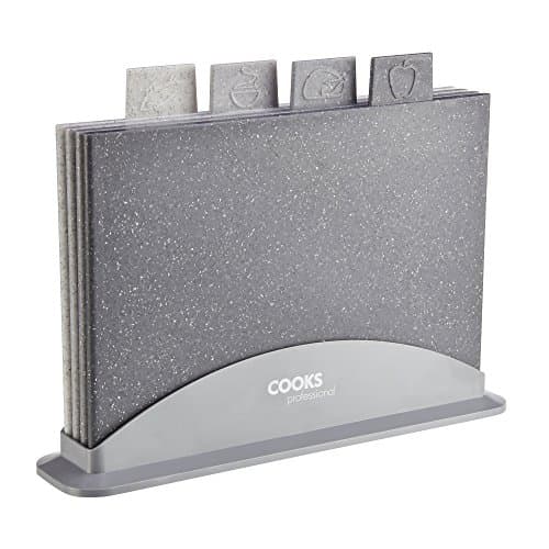 Image of Cooks Professional Set of Four Index Chopping Boards with Stand & Tabs for Fruit & Veg, Raw Meat, Fish & Cooked Food | Granite Effect Plastic Non-Porous Cutting Blocks | Dishwasher Safe | Each 29x20cm