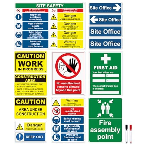 Image of Construction Site Safety Signs - 14 Pack - Durable PVC Rigid Plastic, Weatherproof Health and Safety Building Site Signs, 4 Pre-Drilled Holes for Easy Installation