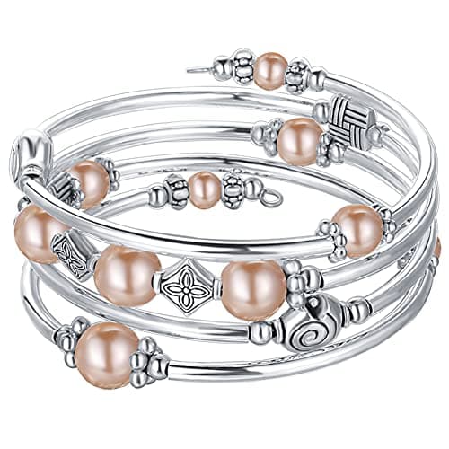 Image of BULINLIN Beaded Pearl Layered Bangle Bracelet for Women Turquoise Bohemian Thick Silver Plated Fashion Jewellery Gifts for Birthday(09-Champagne)