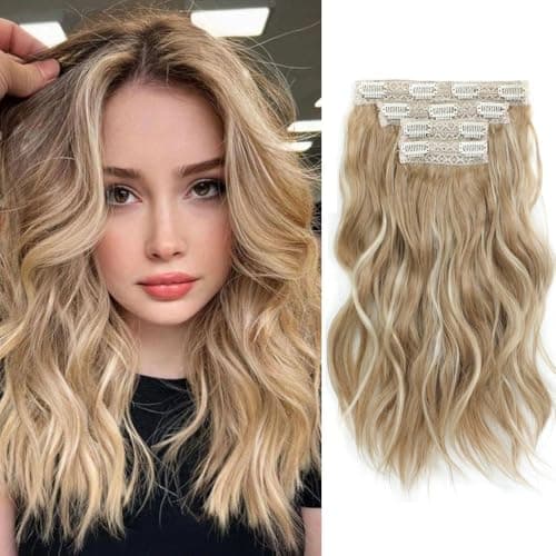 Image of Hair Extensions Clip in 4PCS Clip in Hair Extension 14" Short Beach Highlight Blonde Wavy Hair Extensions Invisible Lace Weft Natural Soft Hair pieces for Women(Dirty Blonde with Brown Highlights)
