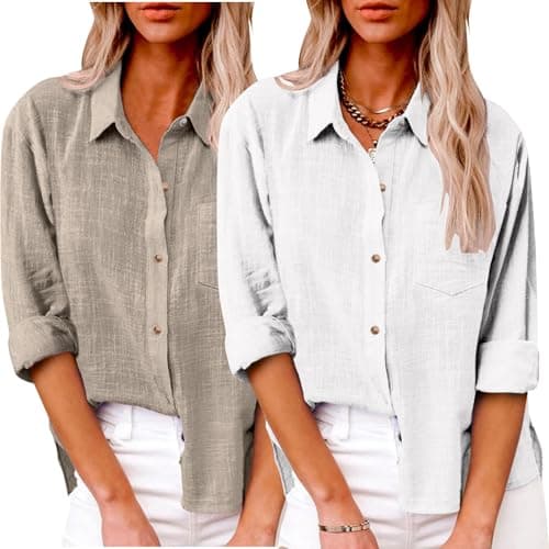 Image of 2 Pack Linen Ladies Tops UK Clearance Cotton Linen Button Down Shirt Casual Long Sleeve Office Work Tunic Tops V Neck Roll Up Blouse Loose Fit Plain Tee Shirt with Pocket Plus Size S-5XL