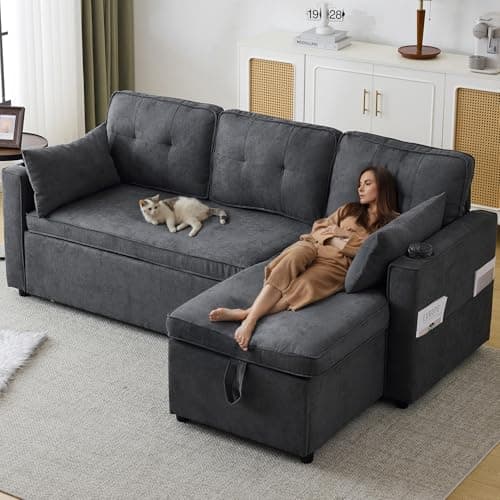 Image of Merax Corner Sofa Bed with Internal Storage Chaise, 3 Seater Sofas for Living Room, L Shaped Sofa with Cup Holders, Pillows and Storage Pocket, Pull out Modular Day Bed for Home Office, Grey