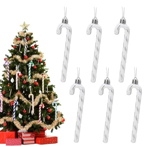 Image of 13cm Silver White Christmas Candy Cane Decoration - 6pcs Glitter Xmas Tree Pendant Hanging Ornaments - Plastic Holiday New Year Party Decor