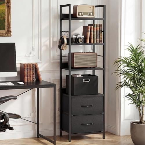 Image of YITAHOME Industrial Bookshelf, 4-Tier Bookcase with Adjustable Shelves & 2 Fabric Drawers, Freestanding Display Shelf with Metal Frame for Living Room, Bedroom, Office, Black
