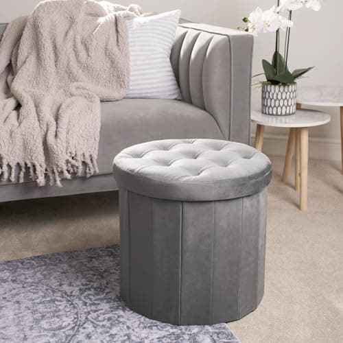 Image of OHS Storage Ottoman Round Matte Velvet, Stool with Storage Foldable Footstool Bedroom Living Room Space Saving Storage Stool Organising Box Footrest with Lid, Charcoal Grey