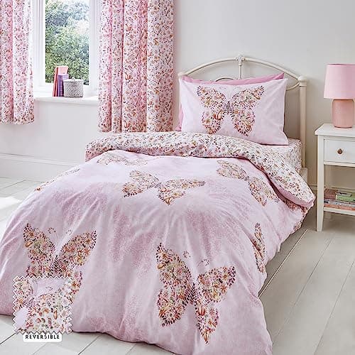 Image of Catherine Lansfield Enchanted Butterfly Reversible Single Duvet Cover Set with Pillowcase Pink