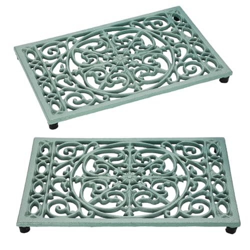 Image of SUMTree 2 Pack Heavy Duty Retangle Cast Iron Trivets, Decorative Trivet Mat Hot Pot Holder Pads for Kitchen or Dining Room Worktops, 24.3 * 16 * 1.9cm (Green)
