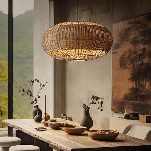 Image of Rattan Handwoven Pendant Lights Adjustable Bamboo Wicker Hanging Lamp, Pendantt Light Fixture With Drum Basket Shade 1 Light Woven Pendant Light For Dining Room Living Room (Not Bulb Included)
