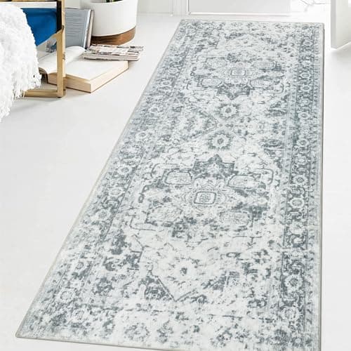Image of Famibay Hallway Runner Non Slip Runner Rugs for Hallway 80x200cm Long Washable Grey Vintage Kitchen Hall Carpet Floor Rugs for Entryways Bedroom Laundry
