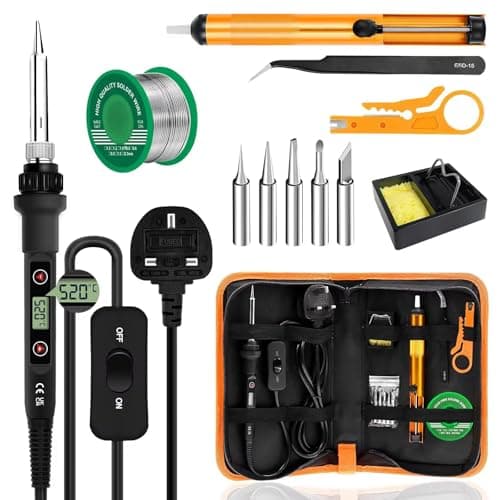 Image of Soldering Iron Kit 80W LCD Adjustable Temperature 180-520°C Electric Welding Tool ON/Off Switch, 50g Solder Wire, 5 Soldering Tips, Desoldering Pump, Wire Stripper Cutter, Stand, Tweezers,Tool Case