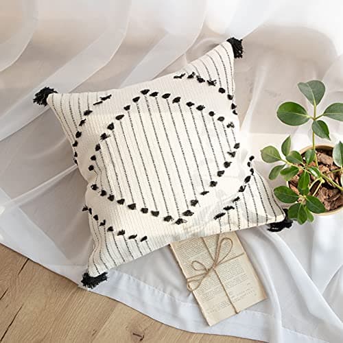 Image of LIGICKY Decorative Boho Tassel Throw Pillow Covers for Couch Sofa Bedroom Living Room Home Decoration Diamond Square Woven Cotton Cushion Cover Modern Black and White Pillow Cases, 45 x 45 cm
