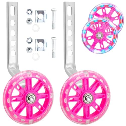 Image of NONMON Kids Bike Stabilisers for Childs Bicycle Support Training Wheels 12 14 16 18 20 Inch Flash Wheels with Adjustable Bicycle Stabiliser Mounted Kit for Boys Girls, Pink