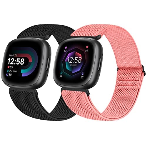 Image of enkic 2 Pack Elastic Watch Strap Compatible w/ Fitbit Versa 4/Fitbit Versa 3/Fitbit Sense 2/Fitbit Sense, Adjustable Nylon Loop Sport Strap, Stretchy Replacement Wristband Men Women, Black+Pink