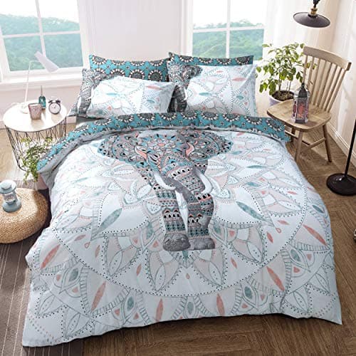 Image of Sleepdown Elephant Mandala Teal Bed Reversable Quilt Duvet Cover Set Easy Care Anti-Allergic Soft & Smooth with Pillow Cases (Single)