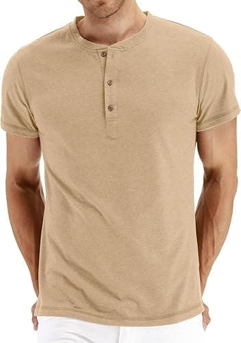 Image of NITAGUT Mens Fashion Casual Front Placket Basic Short Sleeve Henley T-Shirts Tops(L,New-Beige-Vg)