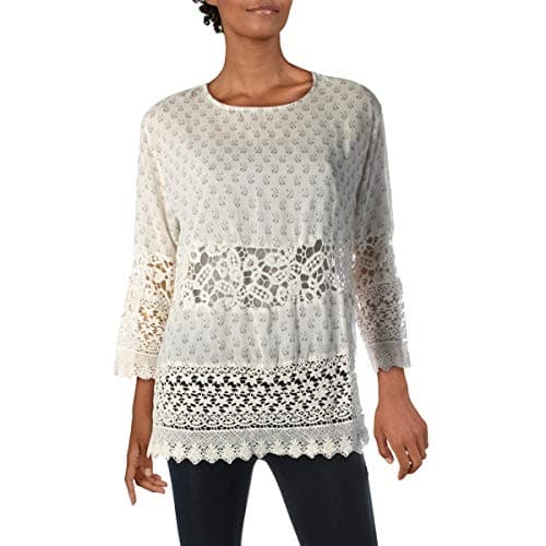 Image of French Connection Women's Honshu Sheer Lace Paisley Print Long Sleeve Top Blouse, Cream, 4