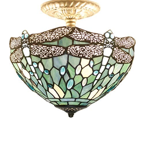 Image of WERFACTORY Tiffany Ceiling Light Fixture Sea Blue Stained Glass Dragonfly Semi Flush Mount Lamp Wide 12 Inch, Height 11 Inch S147 Series