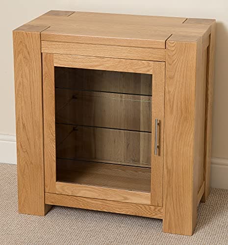 Image of Oak Furniture King Kuba Solid Oak Hi-Fi Cabinet, TV Media Entertainment Unit with Storage, Glass Front, Living Room Furniture, 75 x 42 cm, Natural Finish, Assembled