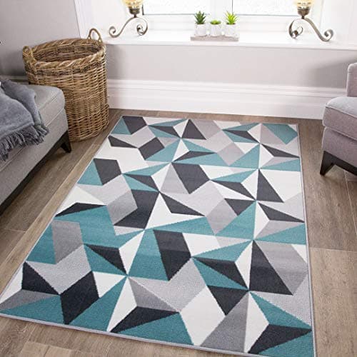 Image of Big Modern Thick Geometric Area Rug Grey White Duck Egg Blue Kaleidoscope Living Room Lounge Hallway Bedroom Area Rugs 160cm x 230cm