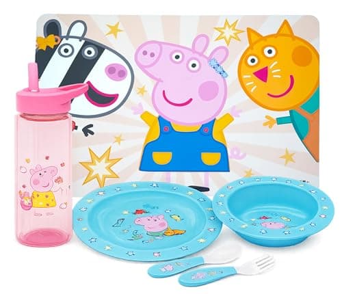 Image of 6PCs George Pig Toddlers First Feeding Set - Placemat, Plate, Stacking Bowl, 420ML Sipper Bottle with Cutlery Set, Peppa Pig Childrens Dinnerware Set for Mealtimes 4+Years