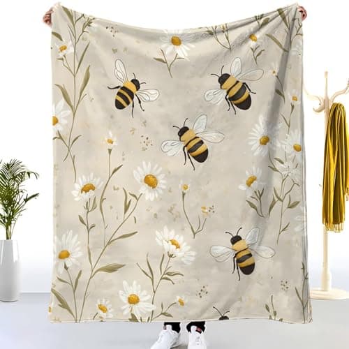 Image of Flannel Fleece Throw Blanket Small Single 70x100cm, Soft Fluffy Cartoon Bee Daisy Print Sofa Blanket for All Season, Warm Lightweight Blankets for Bed, Beige Blanket for Women Mens Kids
