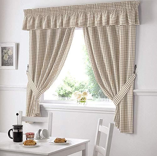 Image of Alan Symonds Gingham Kitchen Curtains Beige Pelmet 136 x 10
