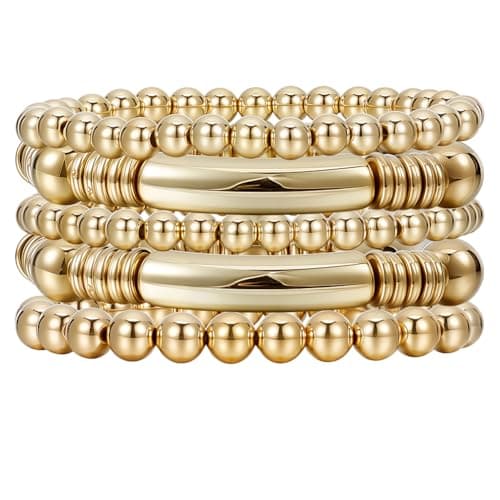 Image of BEAMARKER 5Pcs Gold Layered Beaded Bracelets Set for Women Dainty Trendy Stretch Elastic Round Ball Beads Bangles Chain Tube Bangle Boho Chunky Stackable Bracelets Jewelry for Gifts
