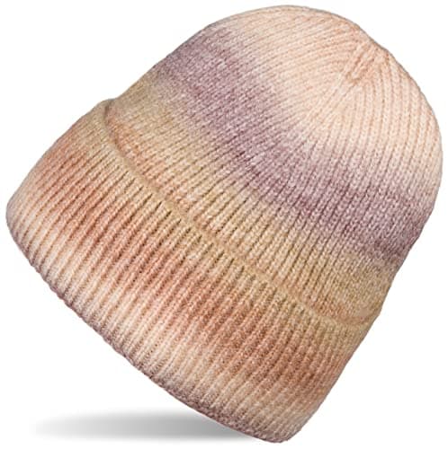 Image of styleBREAKER Ladies Knitted Beanie with Stripes Colour Gradient in Ombré Look, Fine Knitted Hat, Knitted Beanie 04024199, Colour:Rust-Beige-Aubergine
