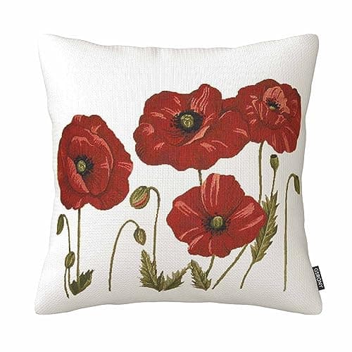 Image of Oil Painting Beautiful Plant Flowers Red Poppy Cotton Linen Throw Pillow Case Cushion Cover Sofa Decorative 18 X 18 Inches