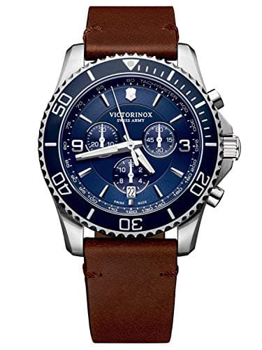 Image of Victorinox Men’s Watch Maverick Chronograph Ø 43 mm, Swiss Made, Analogue Quartz, Water-Resistant up to 100 m, Leather Strap, Blue/Brown
