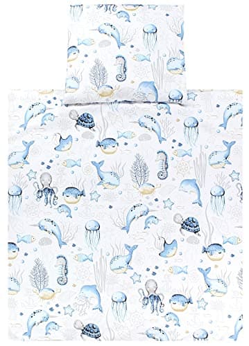 Image of TupTam Baby Crib Pram Bedding Set Duvet Pillow - 4 pieces, Sea Creatures Blue, 80x80 cm