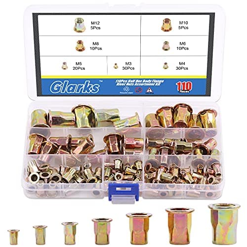 Image of Glarks 110Pcs M3 M4 M5 M6 M8 M10 M12 Half Hex Body Flange Rivet Nuts Assortment Kit, Zinc Plated Carbon Steel Flat Head Threaded Insert Nut Rivnut Set